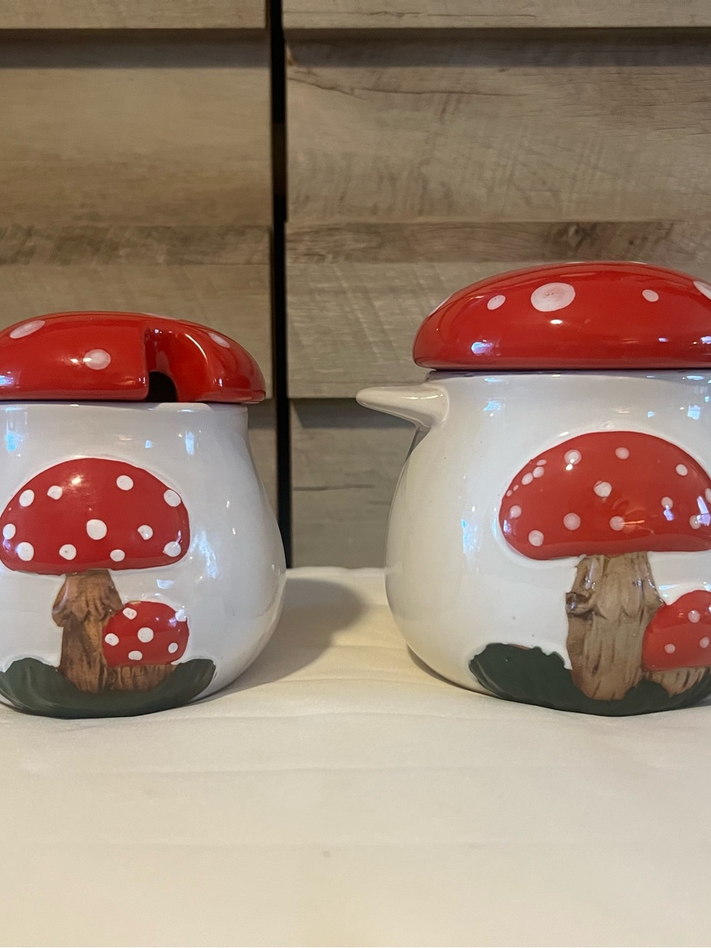 Red Mushroom Ceramic lidded pots or jars with lids Set of 2 containers